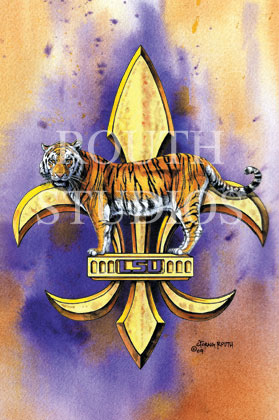 Craig Routh, Artist & Illustrator Louisiana State University, LSU Paintings - Craig Routh, Artist & Illustrator Louisiana State University, LSU Paintings - LSU Painting Gallery - "Purple & Gold Mike the Tiger Fleur-de-lis" by Craig Routh