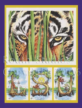 Craig Routh, Artist & Illustrator Louisiana State University, LSU Paintings - Craig Routh, Artist & Illustrator Louisiana State University, LSU Paintings - LSU Painting Gallery - "Tiger Eyes with LSU in Cypress Trees " by Craig Routh