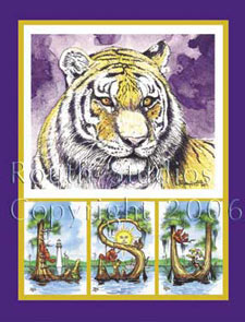 Craig Routh, Artist & Illustrator Louisiana State University, LSU Paintings - Craig Routh, Artist & Illustrator Louisiana State University, LSU Paintings - LSU Painting Gallery - "Tiger with LSU in Cypress Trees " by Craig Routh
