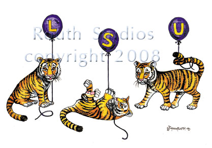 Craig Routh, Artist & Illustrator Louisiana State University, LSU Paintings - Craig Routh, Artist & Illustrator Louisiana State University, LSU Paintings - LSU Painting Gallery - "LSU Tigers & Balloons" by Craig Routh