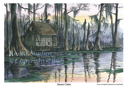 Craig Routh, Artist & Illustrator Scenic watercolor gallery - "Sunset Swamp Cabin"